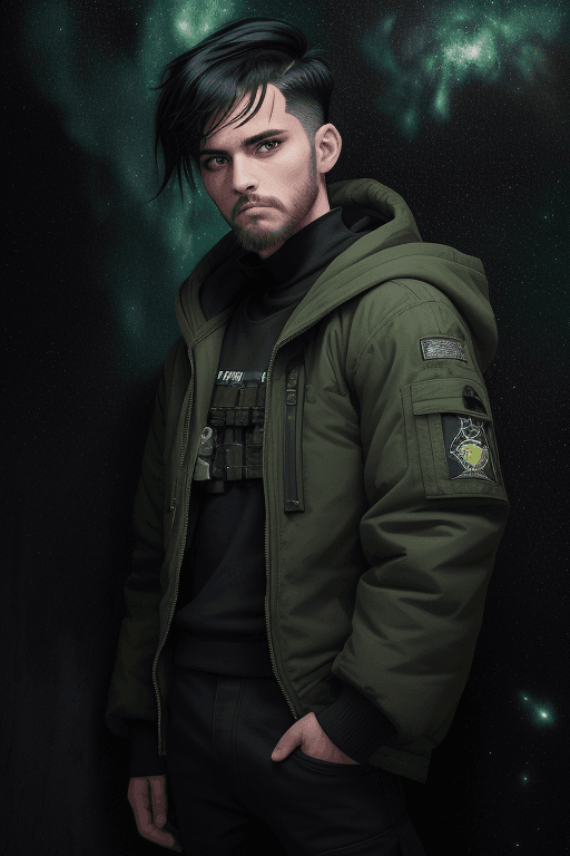 AI generated: (masterpiece),black hair, undercut hair, green bangs,wear hood, bright green eyes, thin beard, weari...