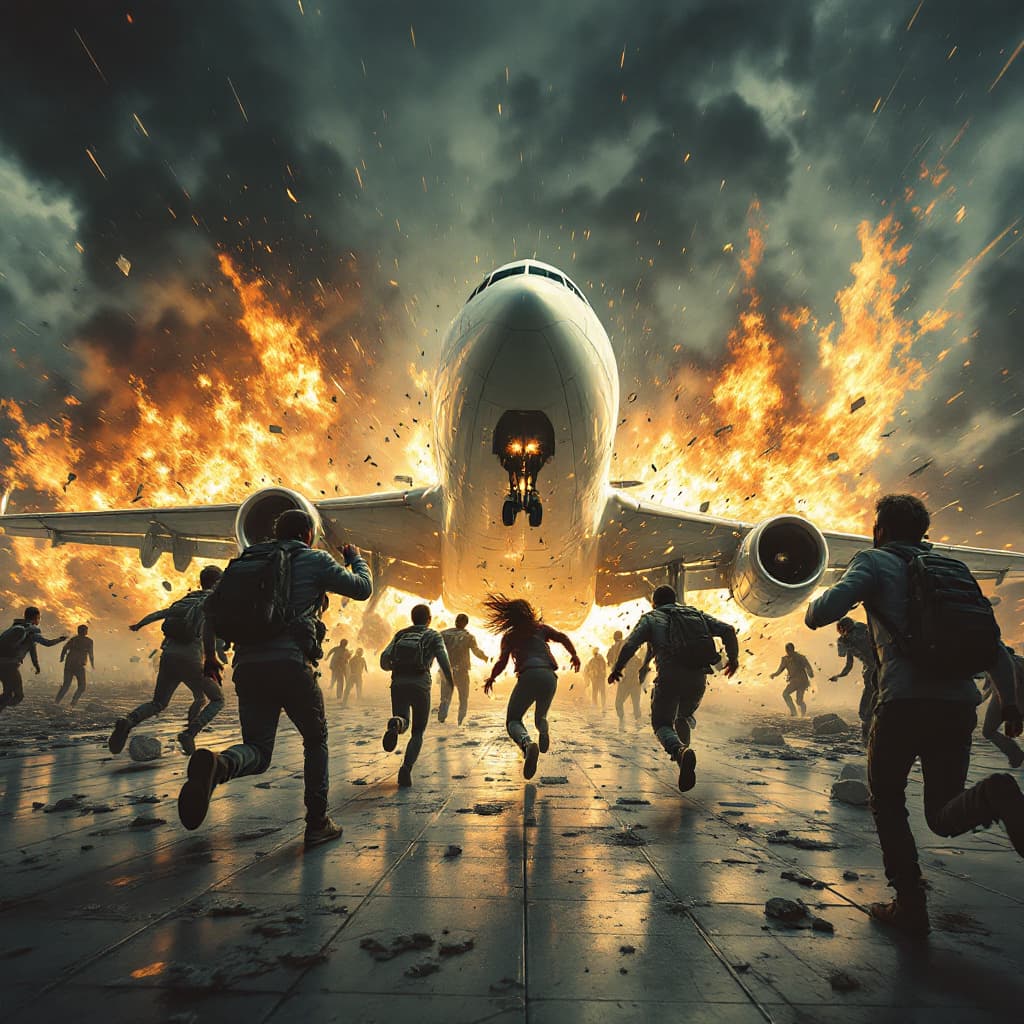 AI generated: an aircraft crashing against the floor, people running in panic