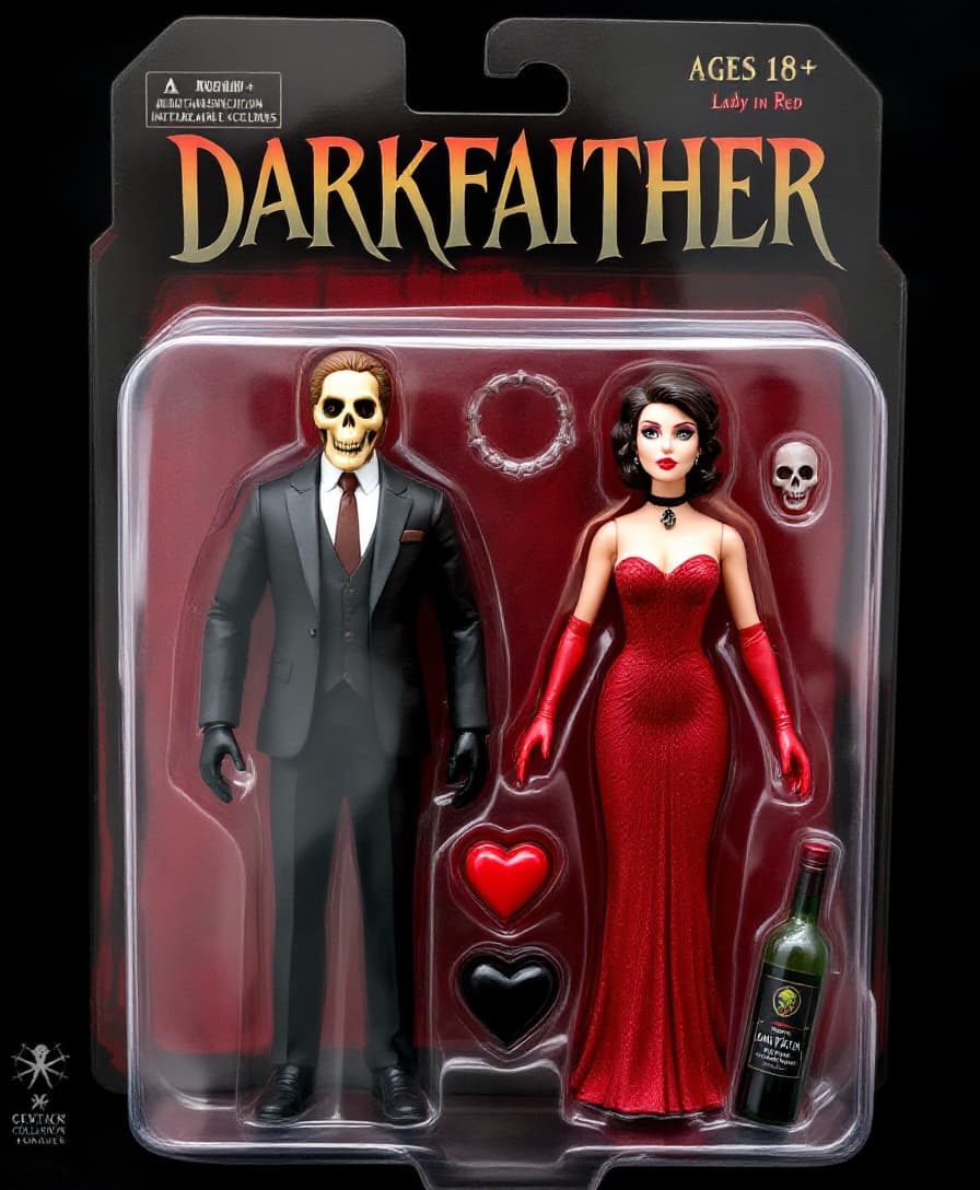 AI generated: A stylized collectible action figure in a toy package labeled "DARKFAITHER" for ages 18+, featuring ...