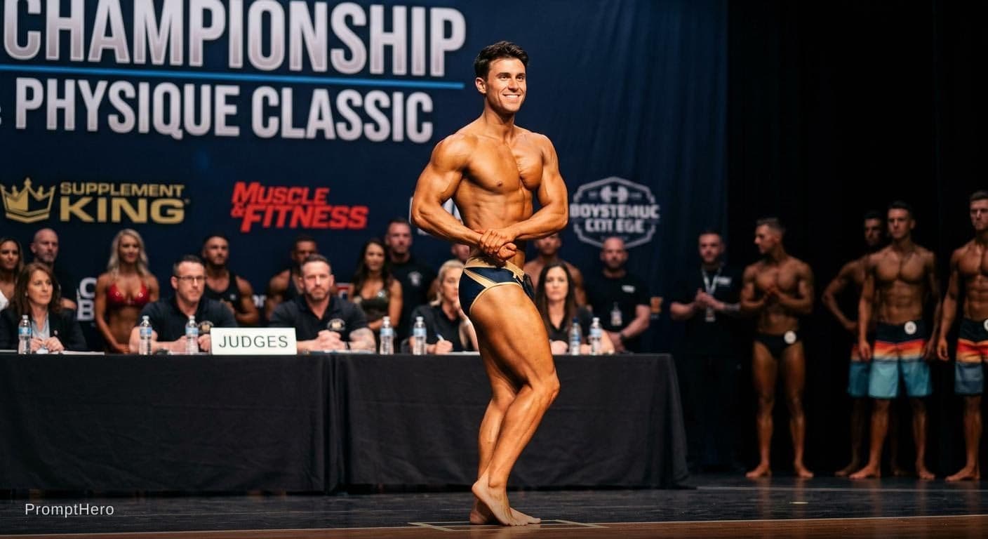 AI generated: At posing competition as compedito  posing 