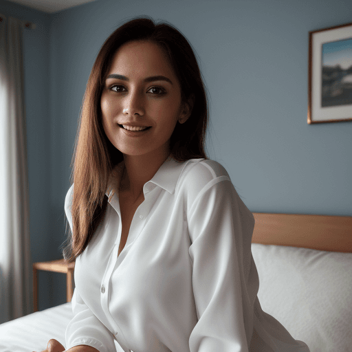 AI generated: 30 years old beautiful women in a white blouse, perfect body, enigmatic smile, captured with a Nikon...