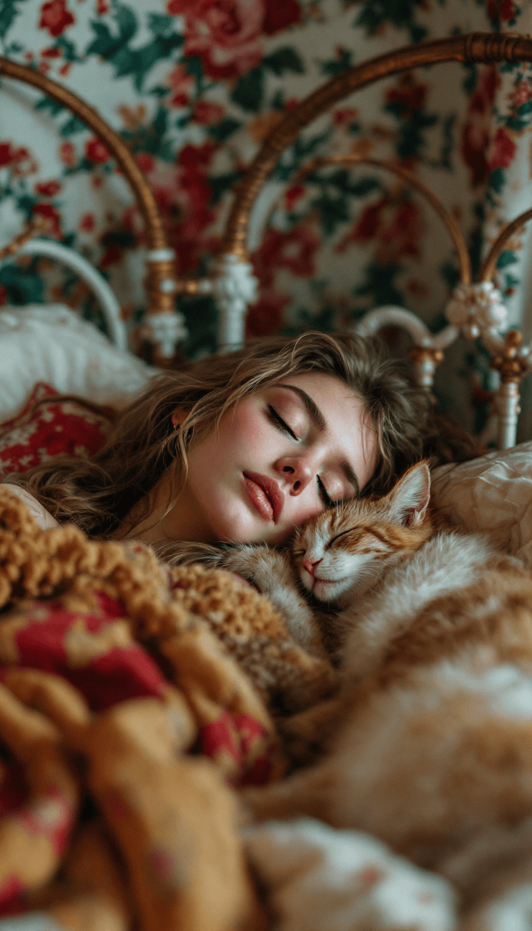 AI generated: a closeup photo of a bohemian woman with rosy skin and a cat, they are cuddled up and sleeping in a ...