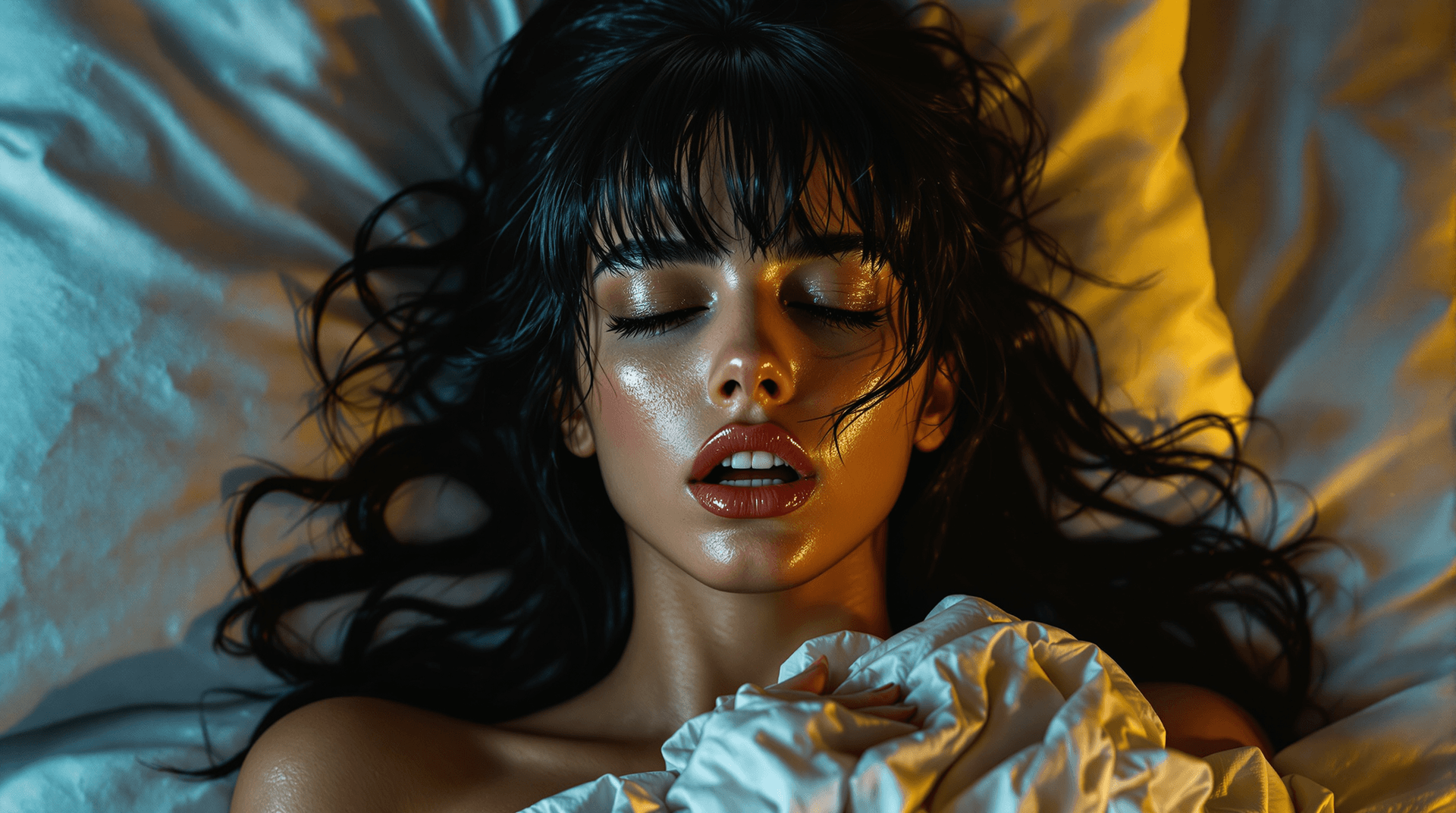 AI generated: (erotic art) extreme high angle, upper-half photo of a stunning woman (Lilith) in bed . Her raven tr...
