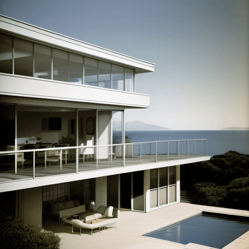 AI generated: Hyper realistic eye level exterior photo of a mid century modern style house overlooking the ocean, ...