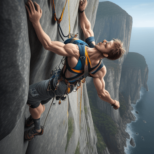 AI generated: Craft a hyper-realistic image of a man rock climbing, captured from a top-down perspective that acce...