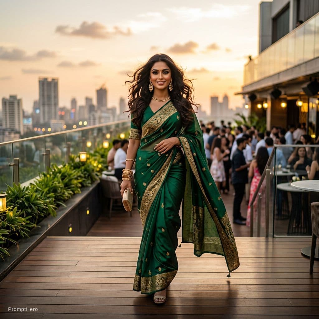AI generated: A confident and glamorous South Asian woman walking in slow motion, wearing a stylish modern saree w...