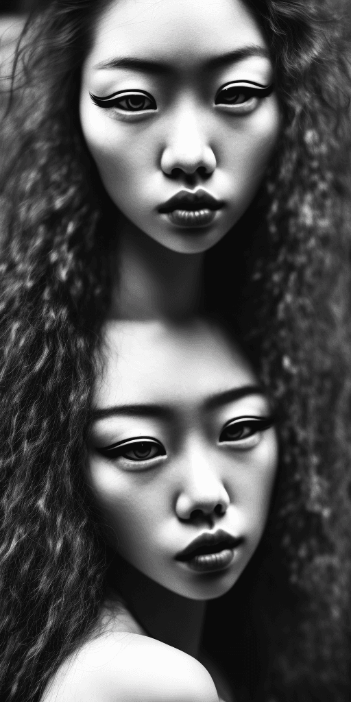 AI generated: black and white, grunge style photograph of ginger female instagram asian model face close up, beaut...