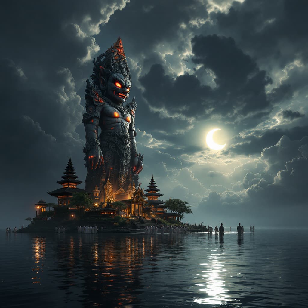 AI generated: Create image an ultrarealistic, highly detailed digital painting of a Nyepi celebration scene at day...