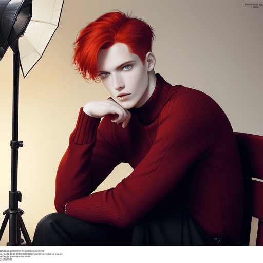 AI generated: Photography for fashion magazine, model man with red hair sitting looking at the camera, wearing a t...