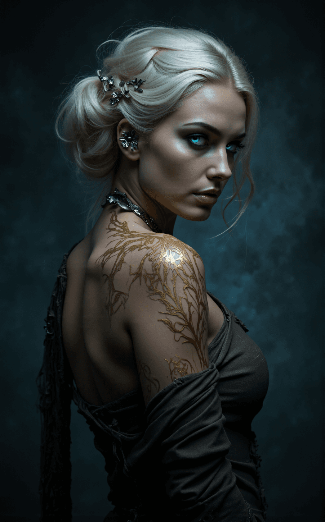 AI generated: A dramatic dark-fantasy portrait of a mysterious woman in three-quarter profile, her body turned awa...