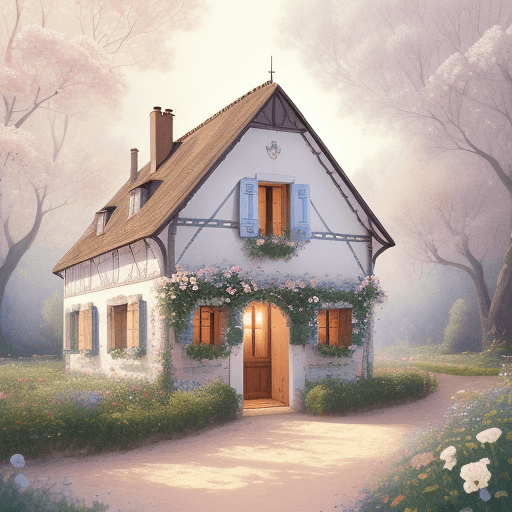 AI generated: an illustration of a small French voltage house with
flowers, in the style of soft, dreamy scenes, f...