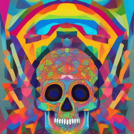 AI generated: Skull oil painting by Okuda San Miguel, Rainbow geometric architectures blend with organic shapes, P...