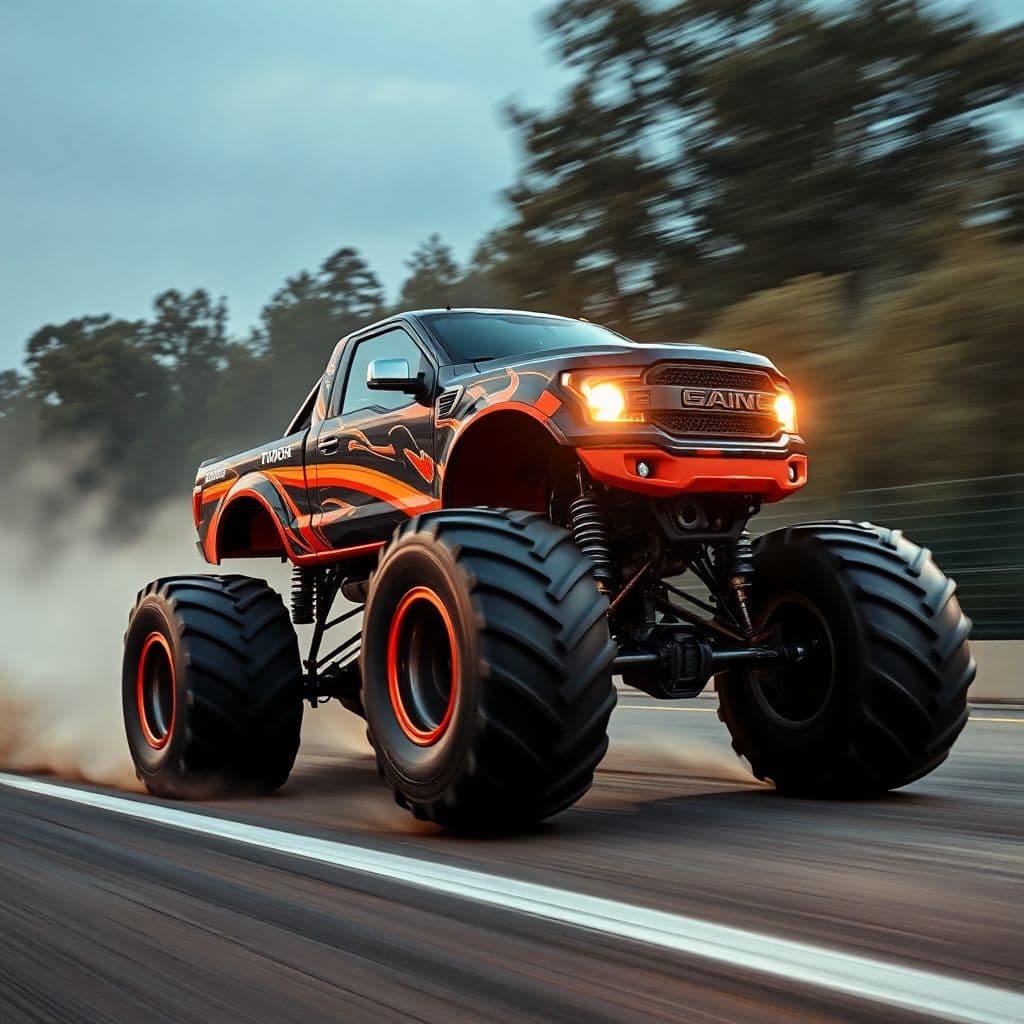 AI generated: photography, sports shooting, dynamic range, dynamic motion with Monster Truck driving towards camer...