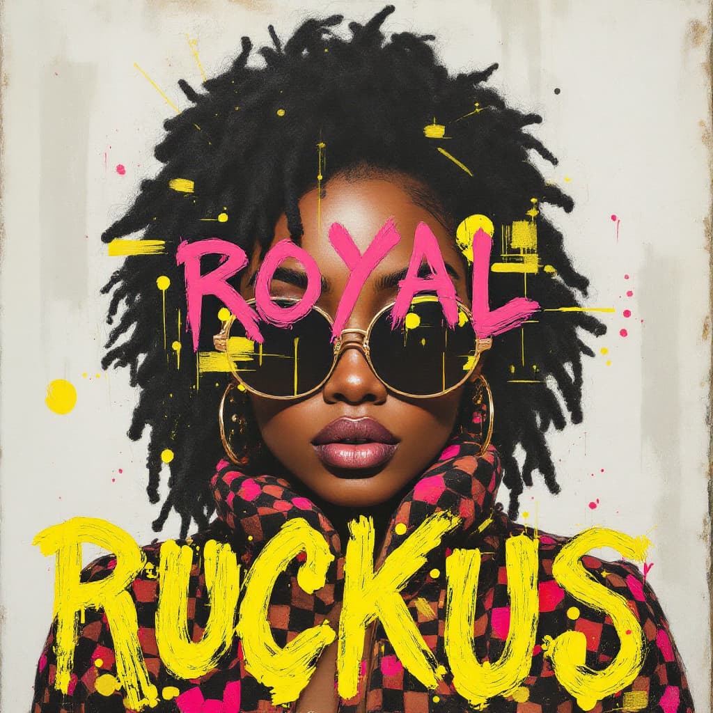 AI generated: A baroque portrait painting of a beautiful dark skinned black woman wearing sunglasses, bright yello...