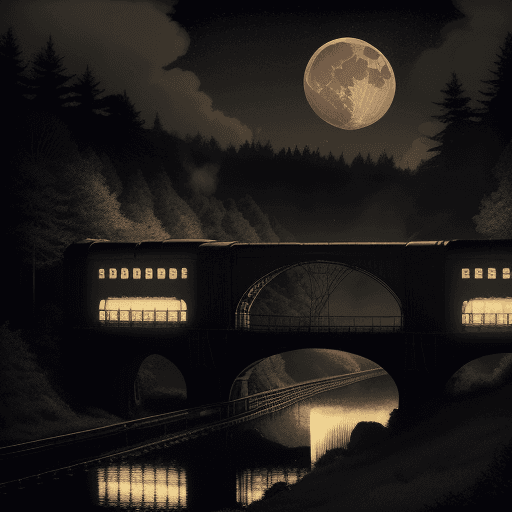 AI generated: An old 1930s steam train crossing a bridge far away in the distance, a river flowing under the bridg...
