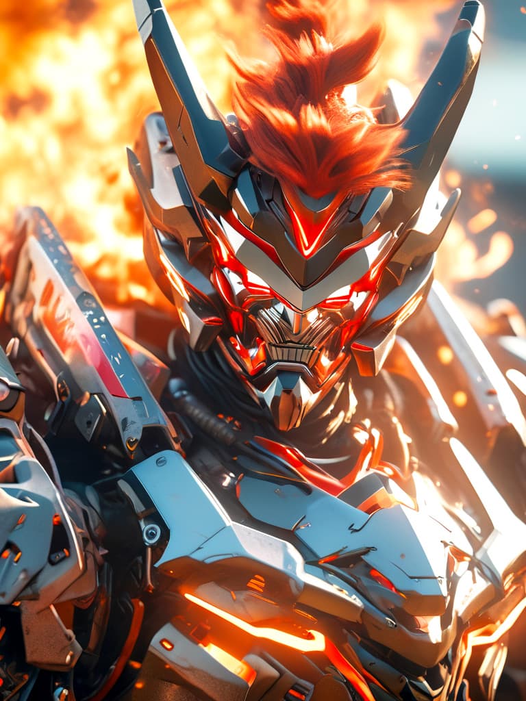 AI generated: Photo of a devilish mecha guy, full cover facial armor, visible hair, prominent red silver armor, HD...