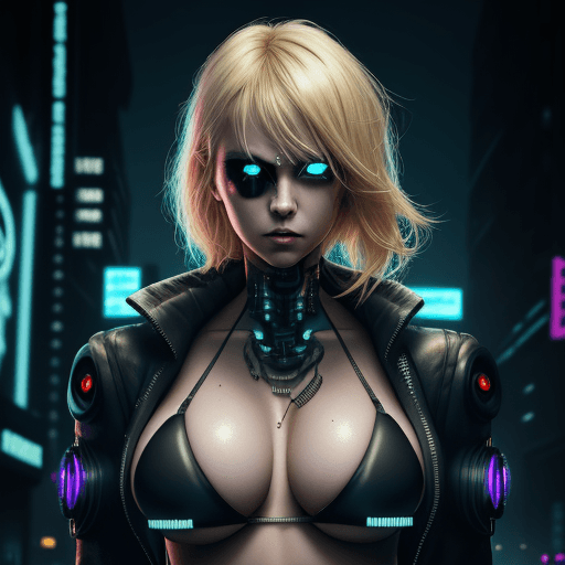 AI generated: beautiful blond girl facing front wearing cyberpunk outfit with very large breasts in a small bikini...