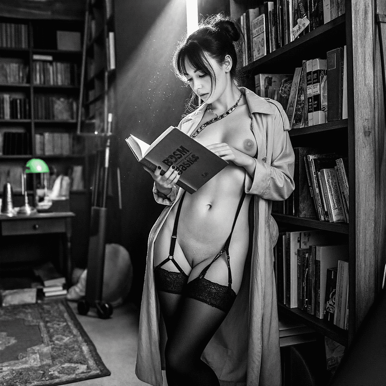 AI generated: A fine art black-and-white film photograph in the style of Helmut Newton, shot on a Leica with an 85...