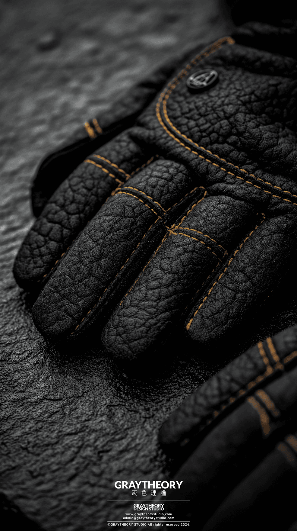 AI generated: Focus on a minimal Gloves, textured matte black surface, in a subdued dark grey hue, yellow point, m...