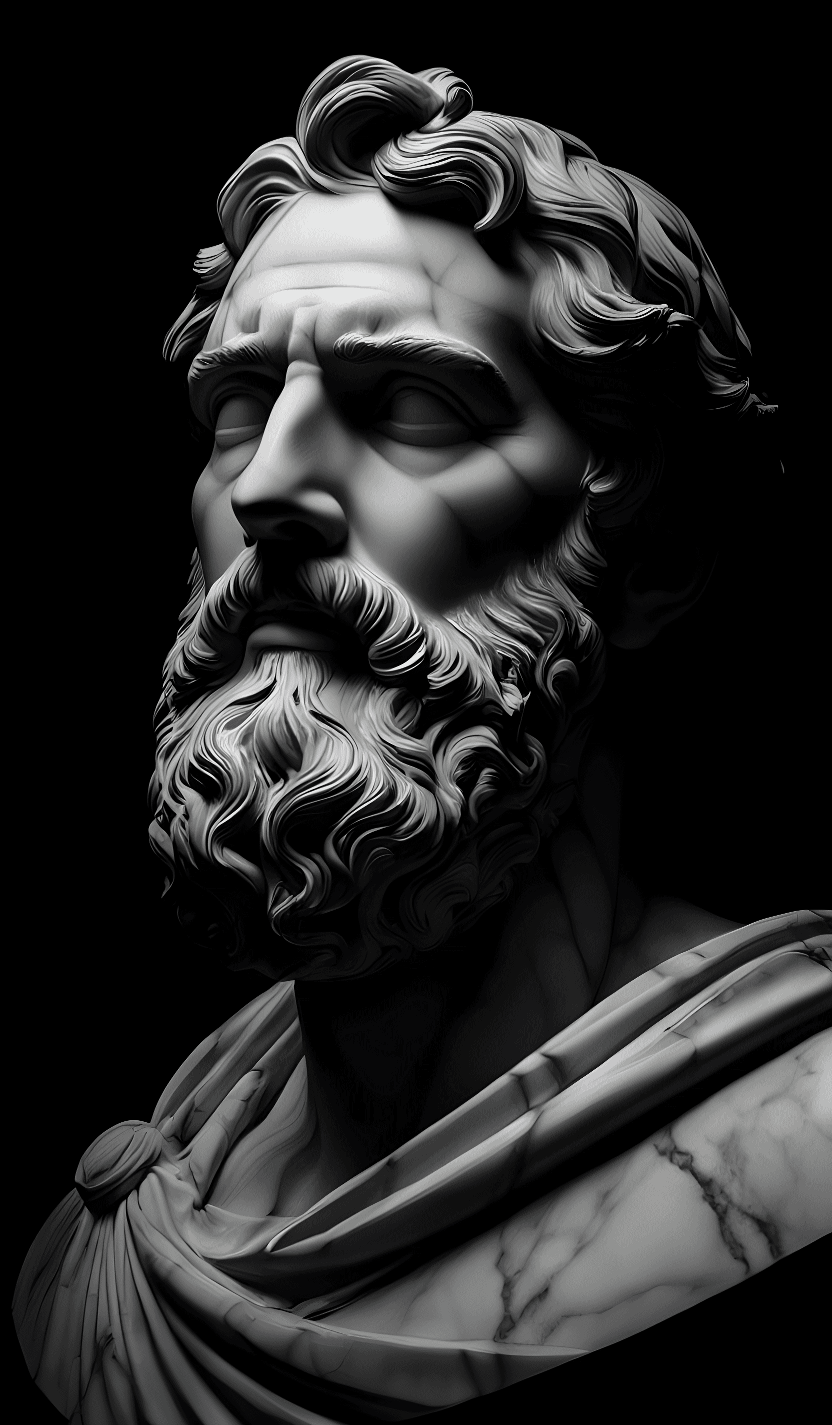 AI generated: closup Roman statue of aristoteles black and white made of marble, artstation award winning, photore...