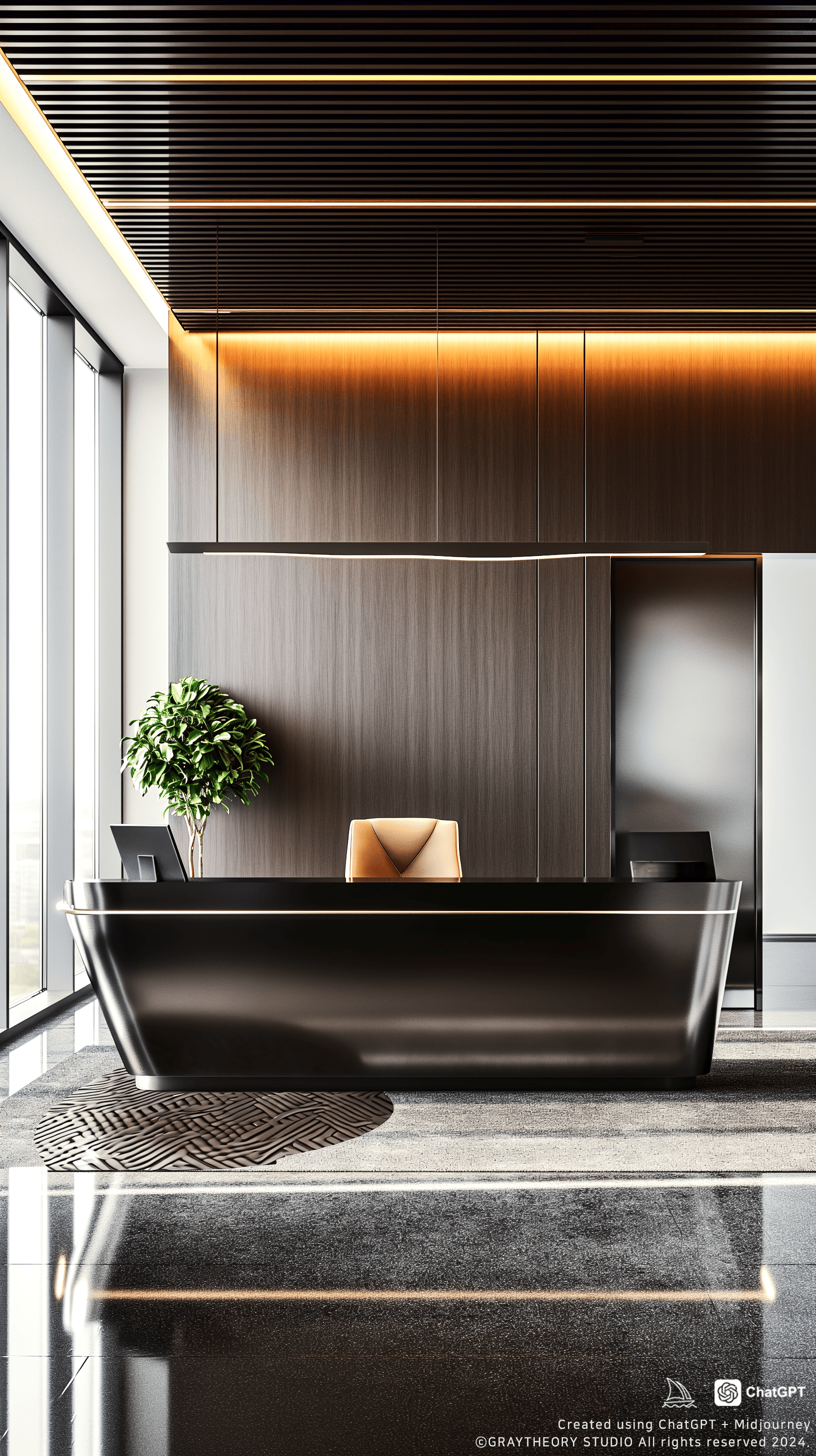 AI generated: Front view of a sleek financial firm office, minimalist and elegant, Sony A7R IV, 85mm lens, contemp...