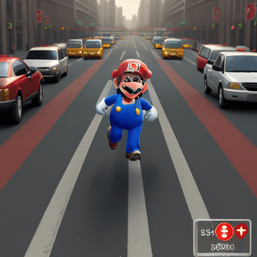 AI generated: Super-Mario running, city traffic  background, 32k, closeup, trending on poltcount 3D, game --v 5.2 ...