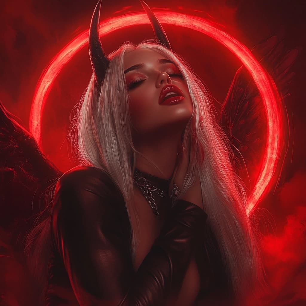AI generated: A red mist filled with smoke and fog. In the background, ethereal woman, Madison Beer with long whit...