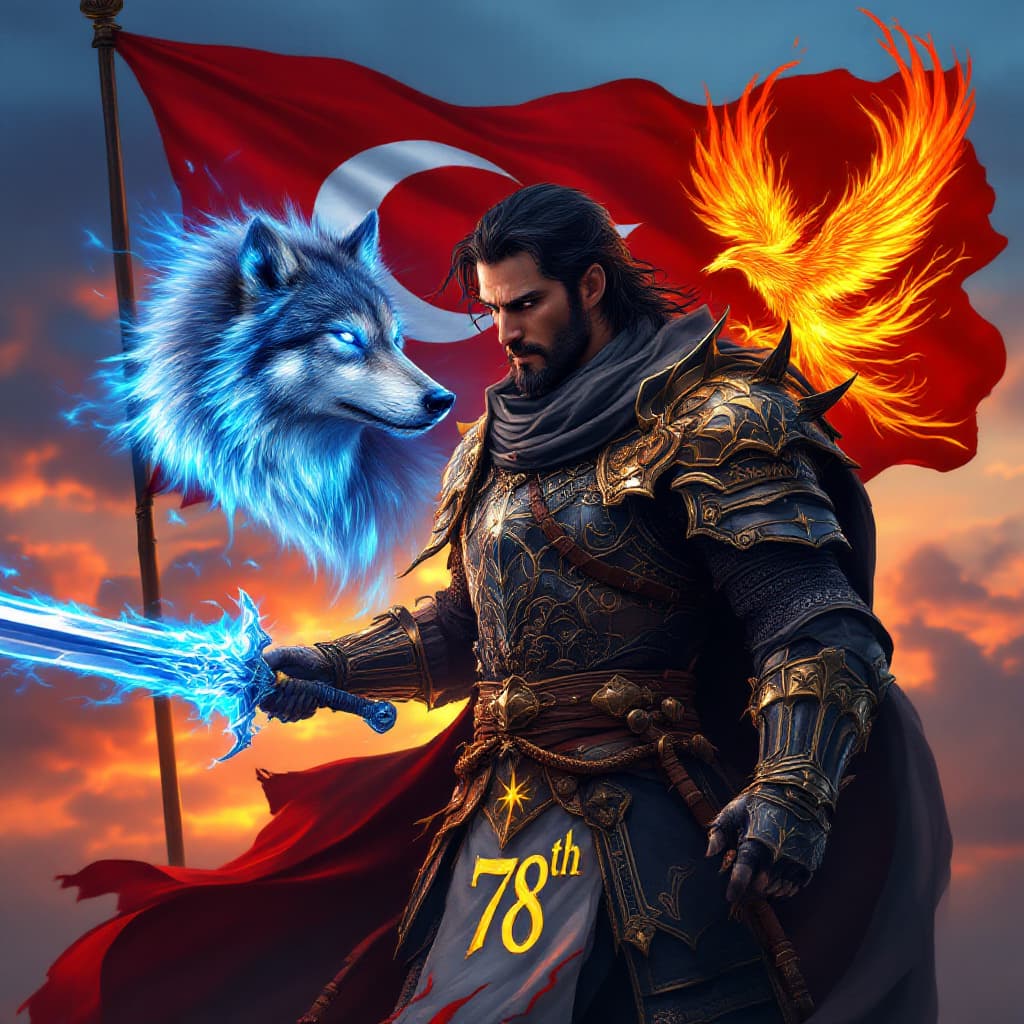 AI generated: A fierce Knight warrior clad in traditional armor inspired by ancient Turkish mythology, holding a s...