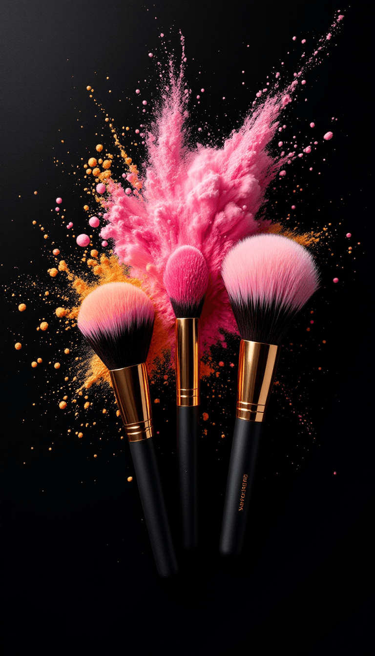 AI generated: a photo of 3 big cosmetic brushes with a pink and golden powder explosion on a black background --ar...