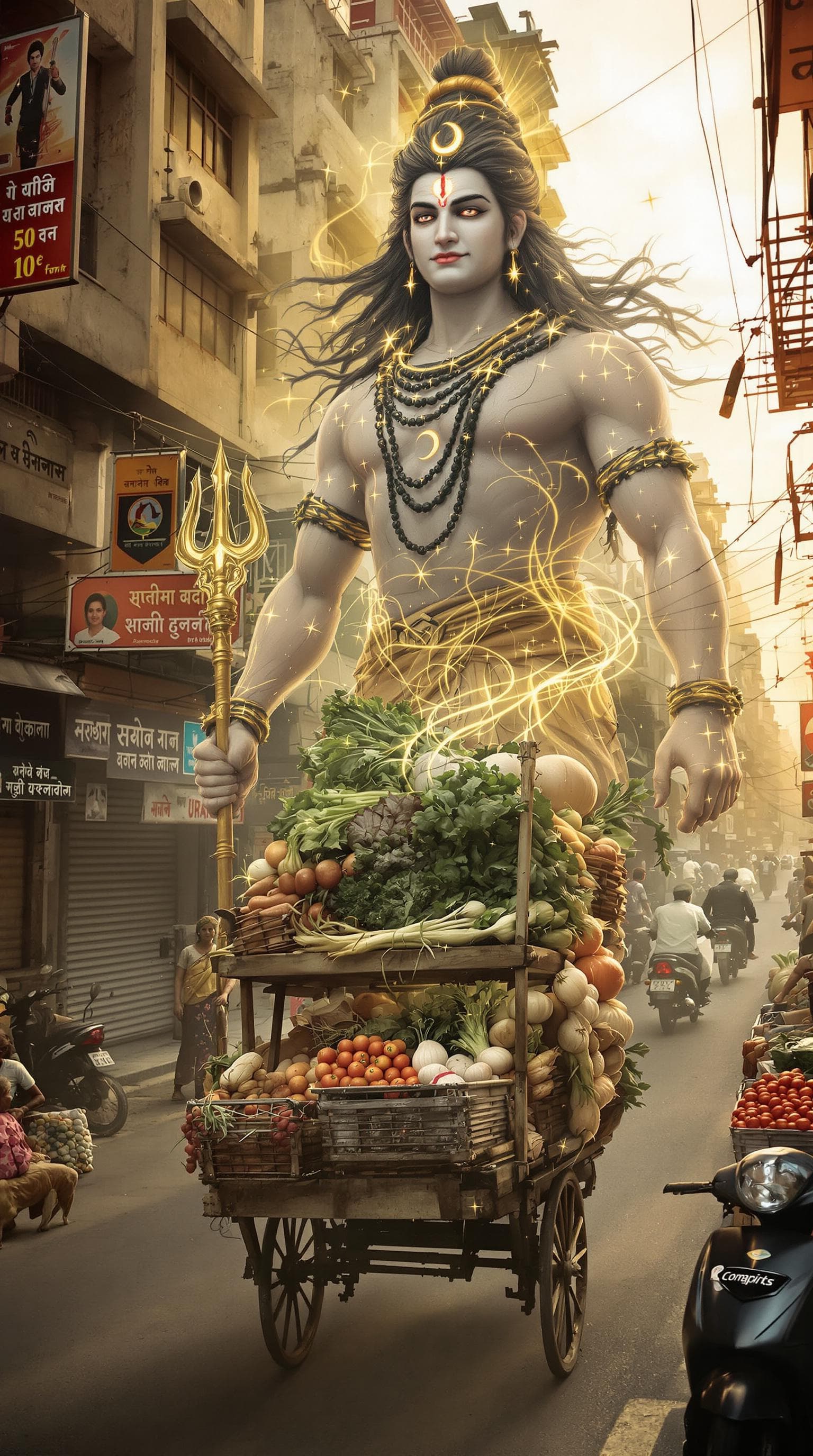 AI generated: A hyper-realistic photo of a chaotic Delhi street at dawn: narrow lanes packed with auto-rickshaws, ...