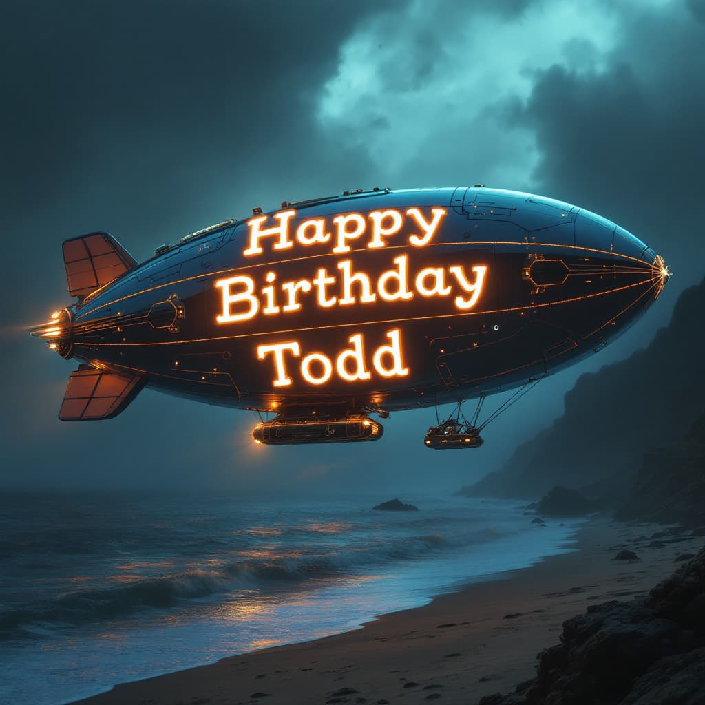 AI generated: A futuristic blimp flying over the beach with an led aign sign that says, Happy Birthday Todd in ste...