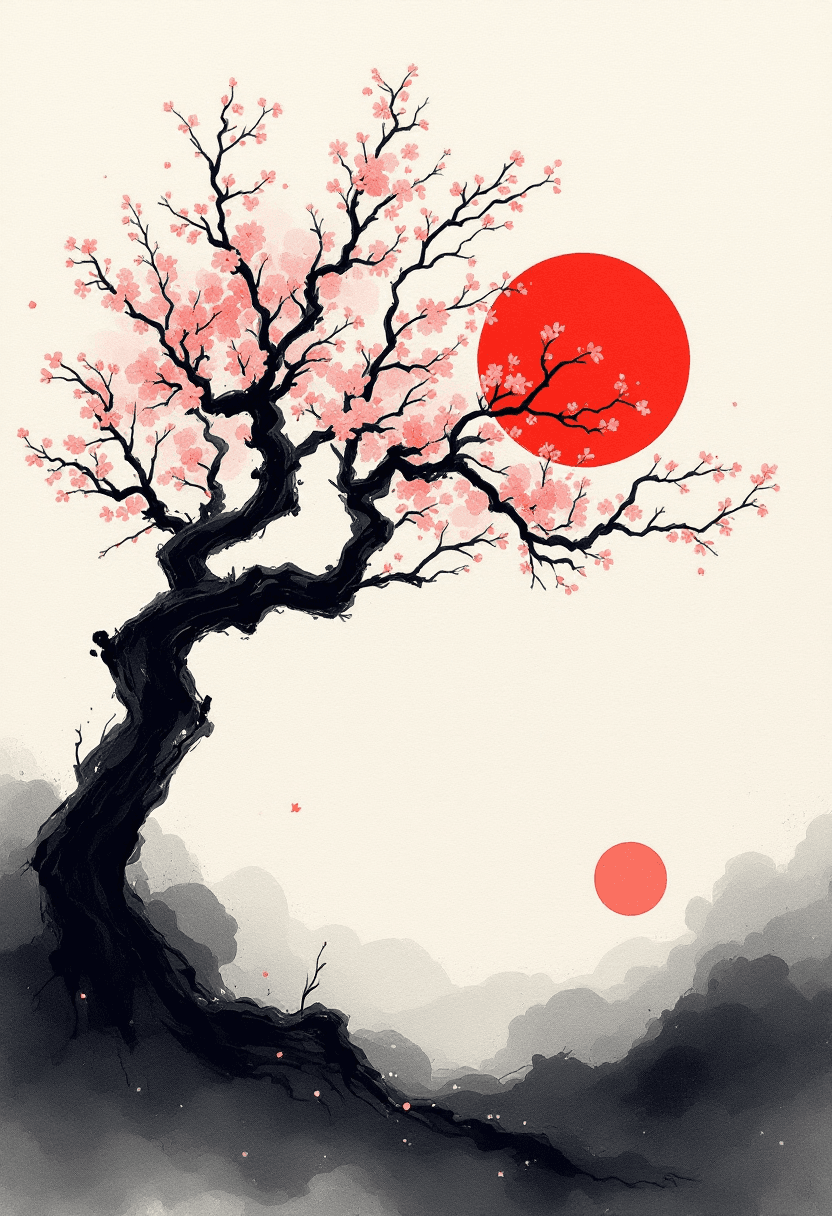 AI generated: Abstract ink wash painting, inspired by a lone, stylized Japanese tree with delicate pink cherry blo...