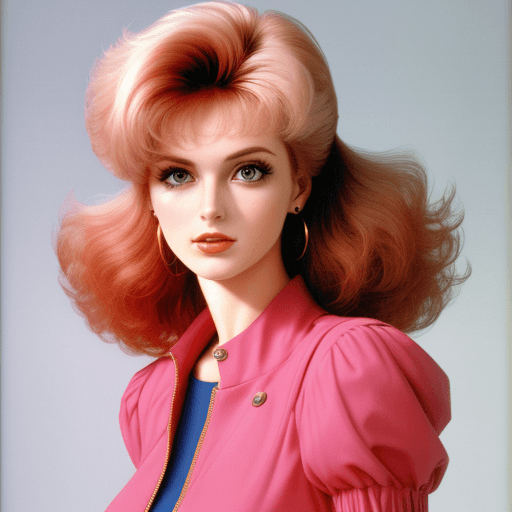 AI generated: high resolution woman bust with the 1980s fashion clothes and hairstyle; she is turning left

