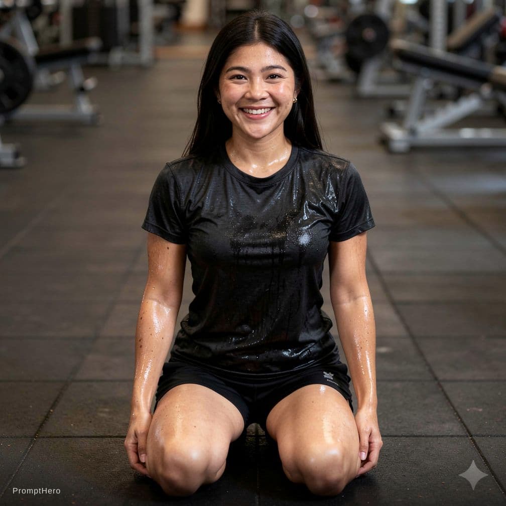 AI generated: Produce a photorealistic, candid, unplanned and sloppy gym photo of a 4'10", of the subject (average...