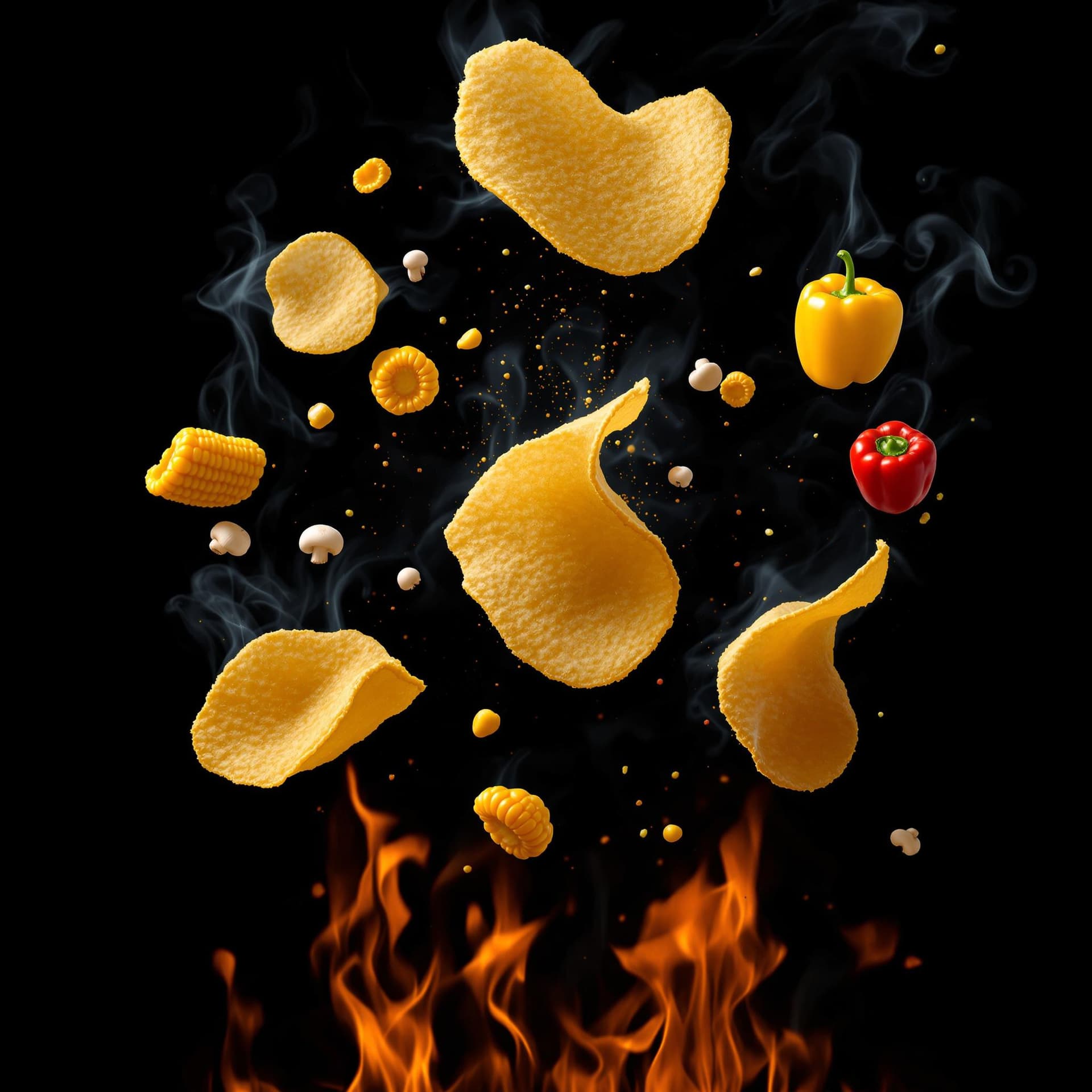 AI generated: 3 potato chips that are suspending on the air. the three potato chips are surrounded by corn, red an...