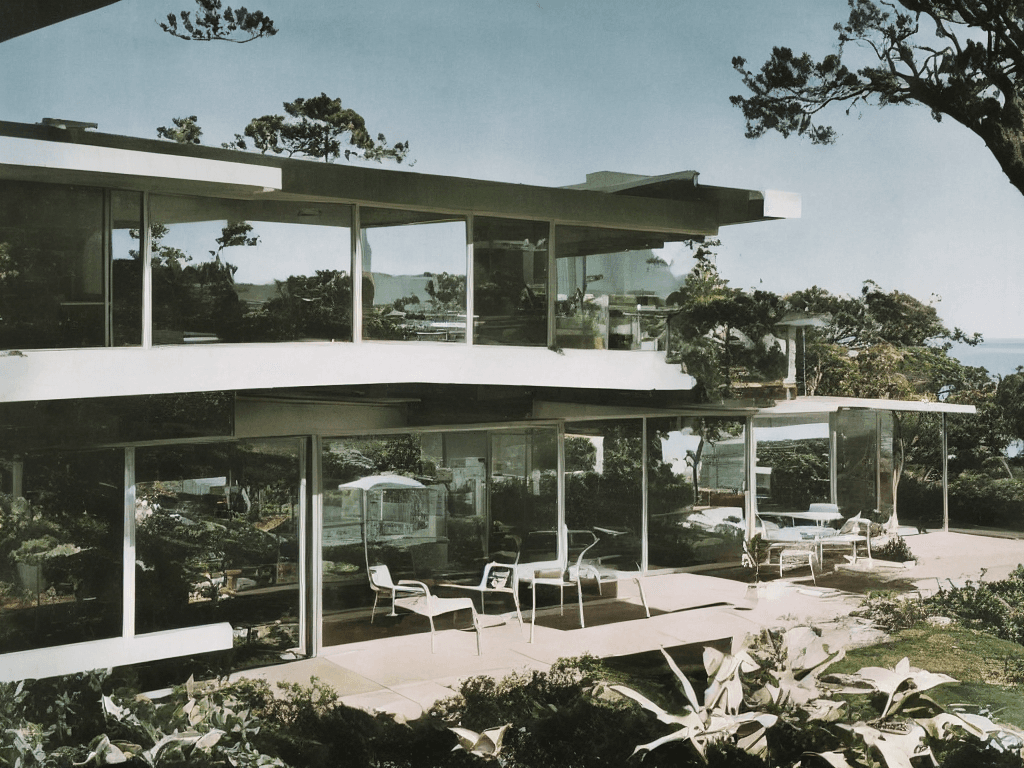 AI generated: hyper realistic eye level exterior photo of a mid century modern style house overlooking the ocean, ...