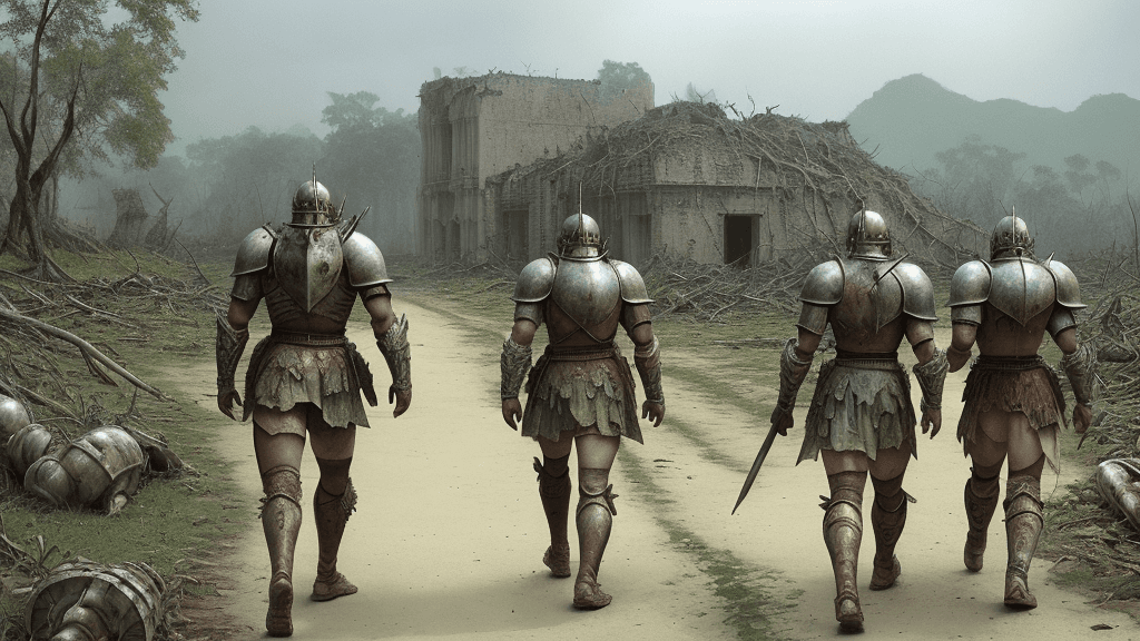 AI generated: Armoured warriors walking from the forest to a  A ruined deserted city, no female