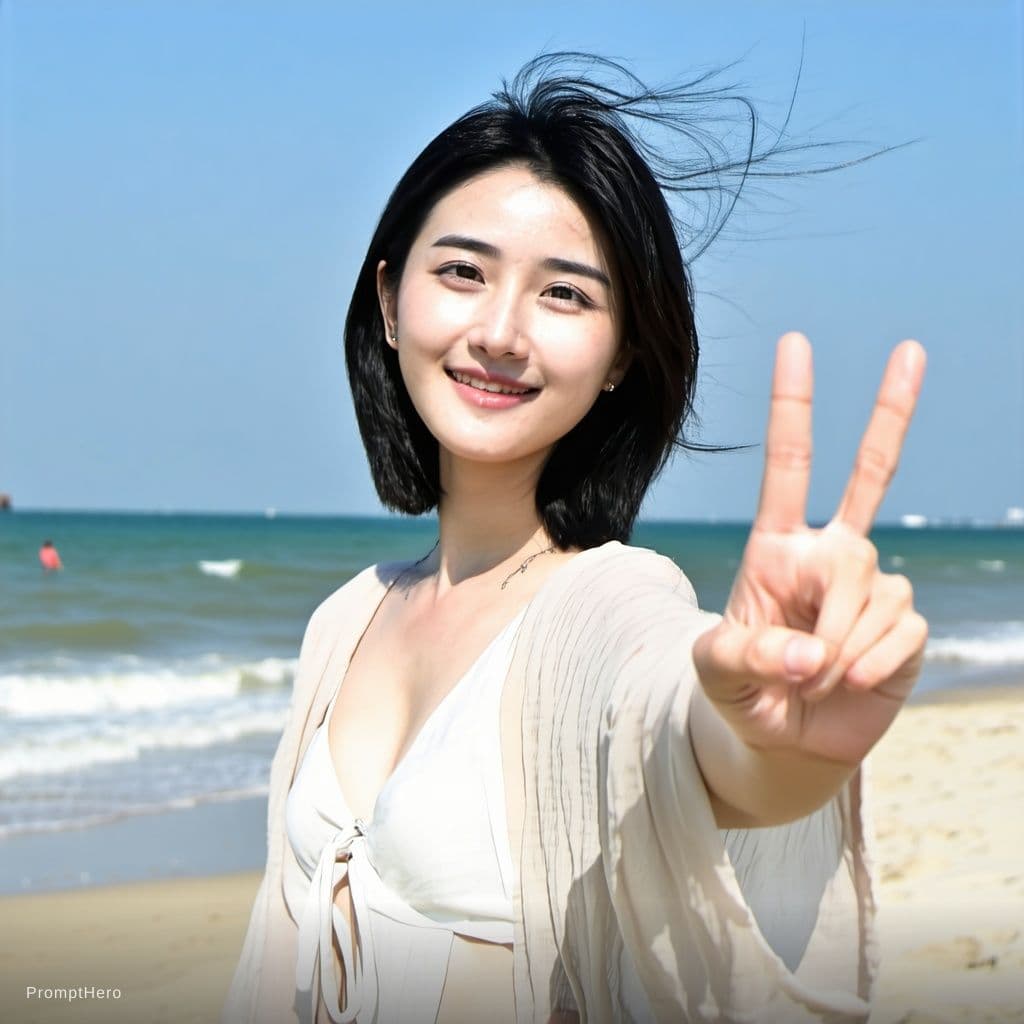 AI generated: A young Chinese woman, completely naked, stands on the beach enjoying the breeze. She has black hair...