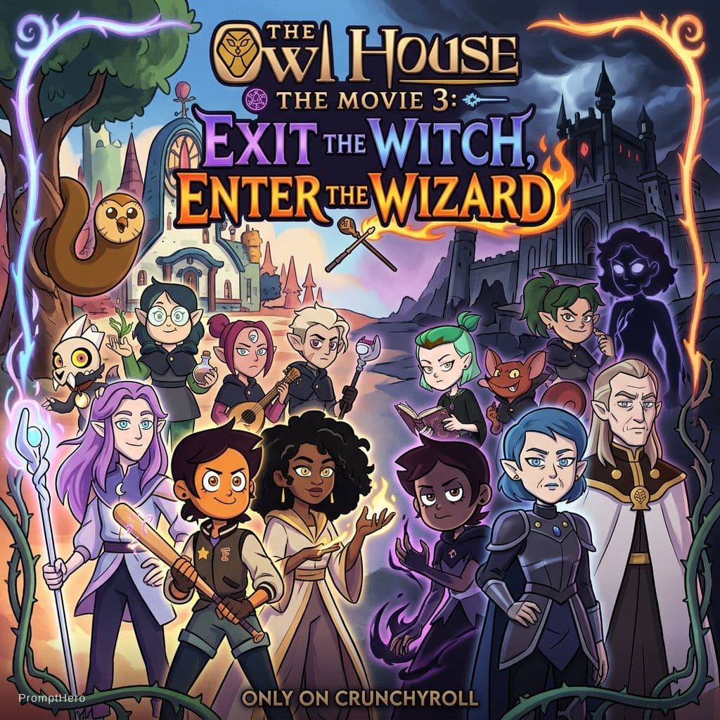 AI generated: The Owl House The Movie 3: Exit The Witch, Enter The Wizard logo, featuring protagonists: a young ad...