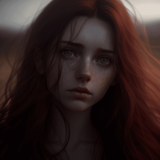 AI generated: Close-up photo of a beautiful Irish girl, adorable face, red long layered hair, no makeup, realistic...