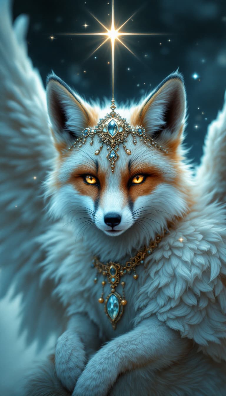 AI generated: Face of a fantasy angel fox in heaven, many accessories, detailed, face