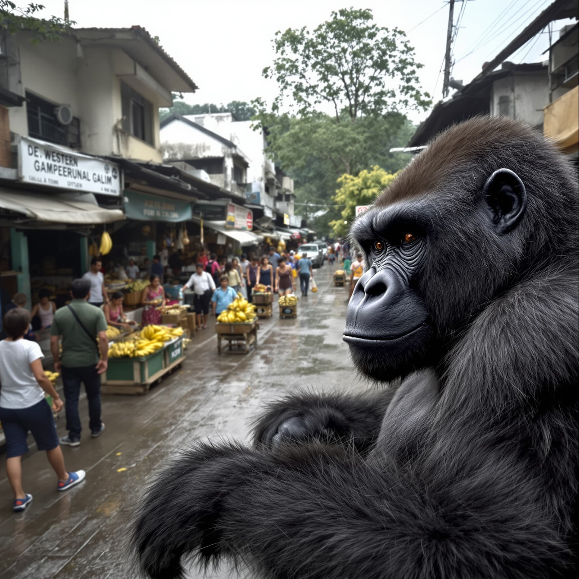 AI generated: Hyper-realistic POV of a western lowland gorilla, with his left arm and camera off screen. Market sc...
