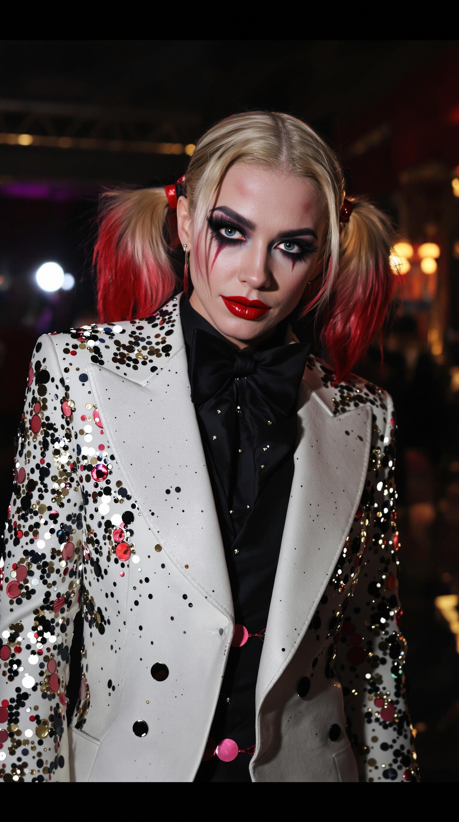 AI generated:    photo realism fictional character harley quin as a high fashion model dressed in a chic elegant t...