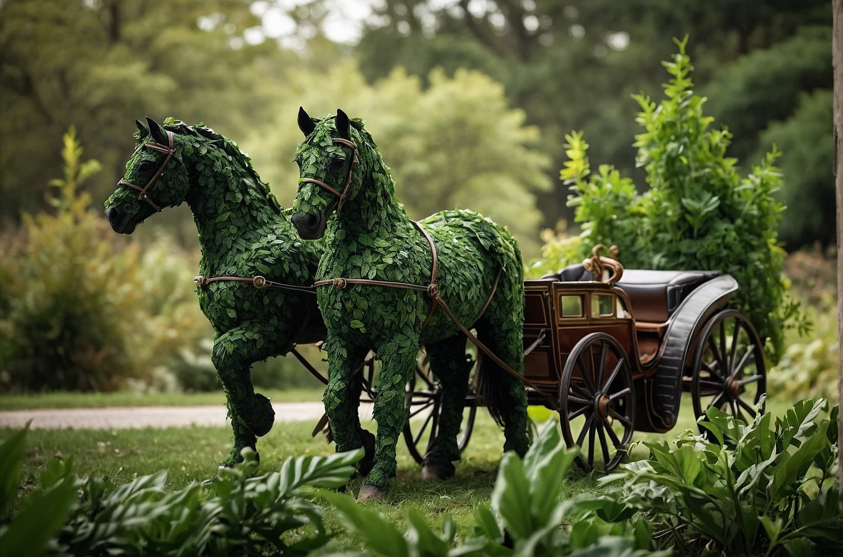 AI generated: A gracefully intertwined pair of horses crafted from intricately detailed leaves pull a carriage als...