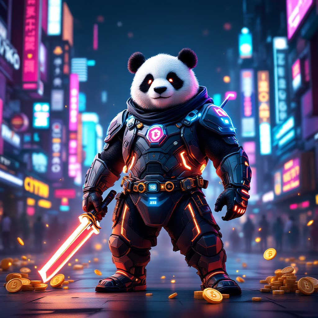 AI generated: A powerful, futuristic panda, known as 'The Crypto Panda,' wearing sleek, high-tech armor and glowin...