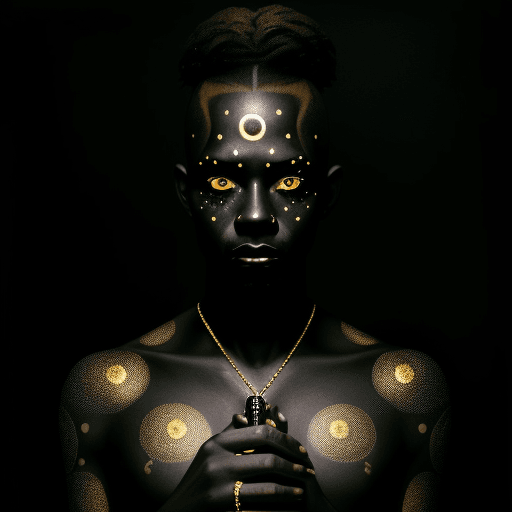 AI generated: A Black man with a metallic gold hand holding a tattoo needle and placing dots on the top of his hea...