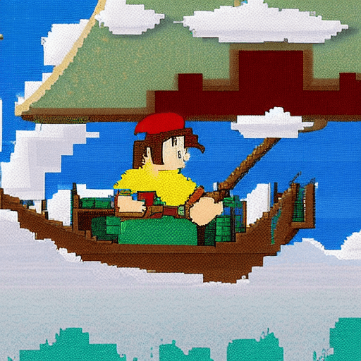 AI generated: 
16 bit pixel art, epic composition of a explorer in a boat reaching an island in the clouds, by stu...