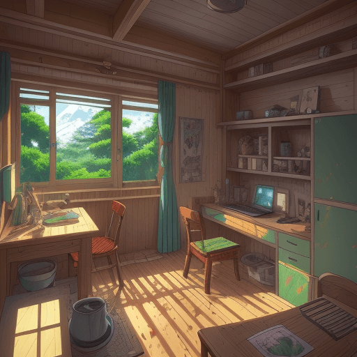 AI generated: anime illustration small house with simple furnitures in the morning with background forest, anime s...