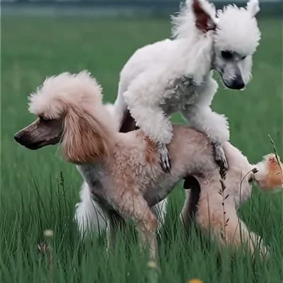 AI generated video: toy poodle mating in grass field