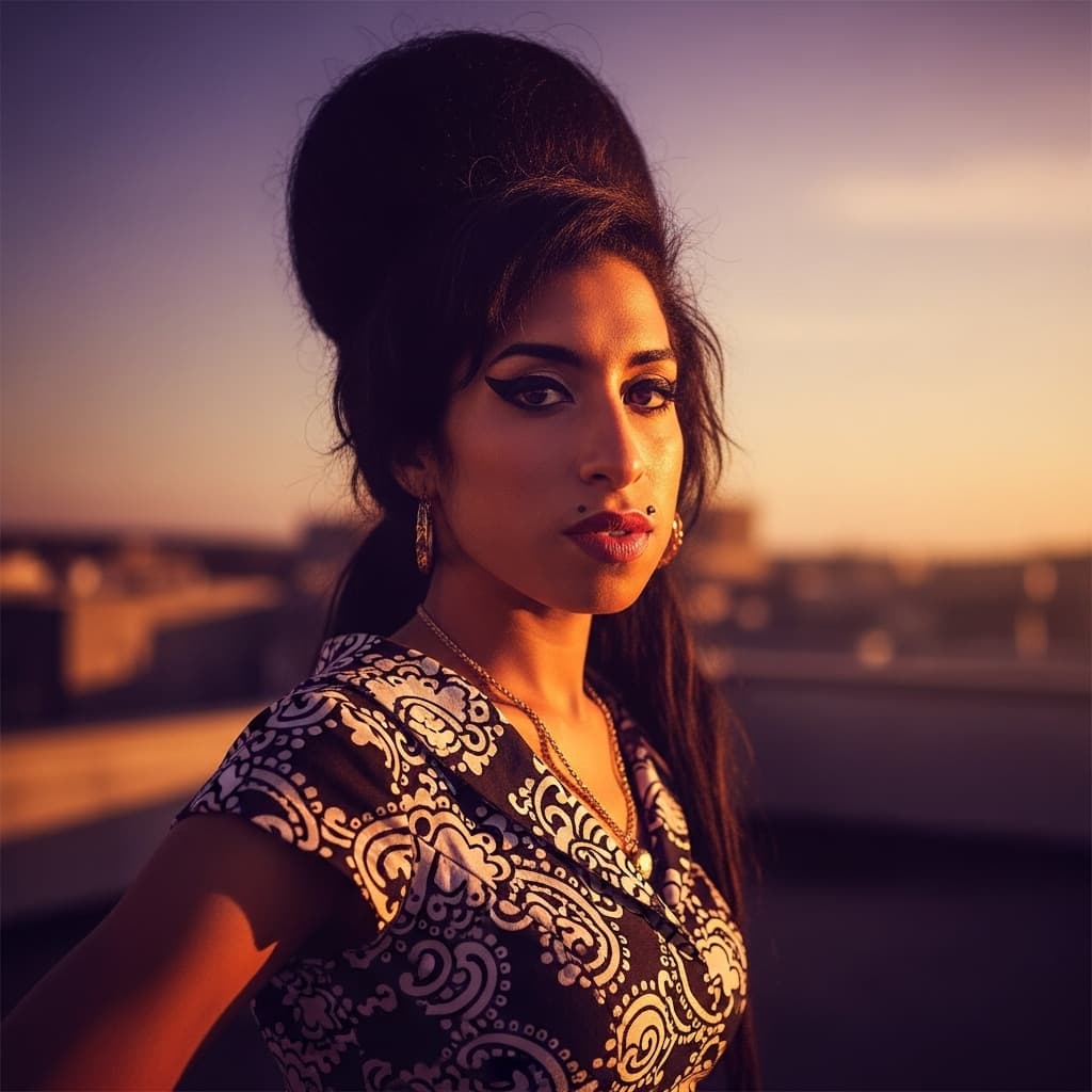 AI generated: a soulful Black woman resembling Amy Winehouse with iconic beehive hairstyle and winged eyeliner, st...